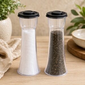 Hourglass Salt and Pepper Shakers Plastic‎ Set Clear Black Flip Top Seals NEW